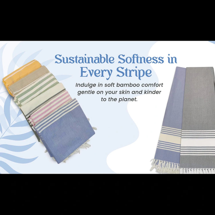 Bamboo towels with text about sustainable softness and comfort.