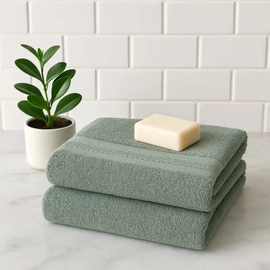 Stack of green towels with a bar of soap on a white surface with a plant in the background
