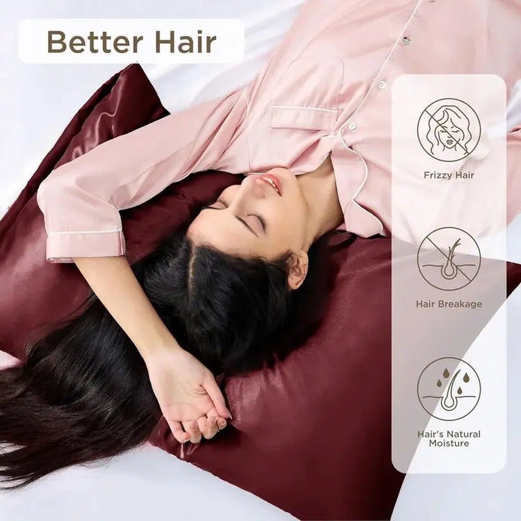 Woman lying on a satin pillow with text about better hair care.