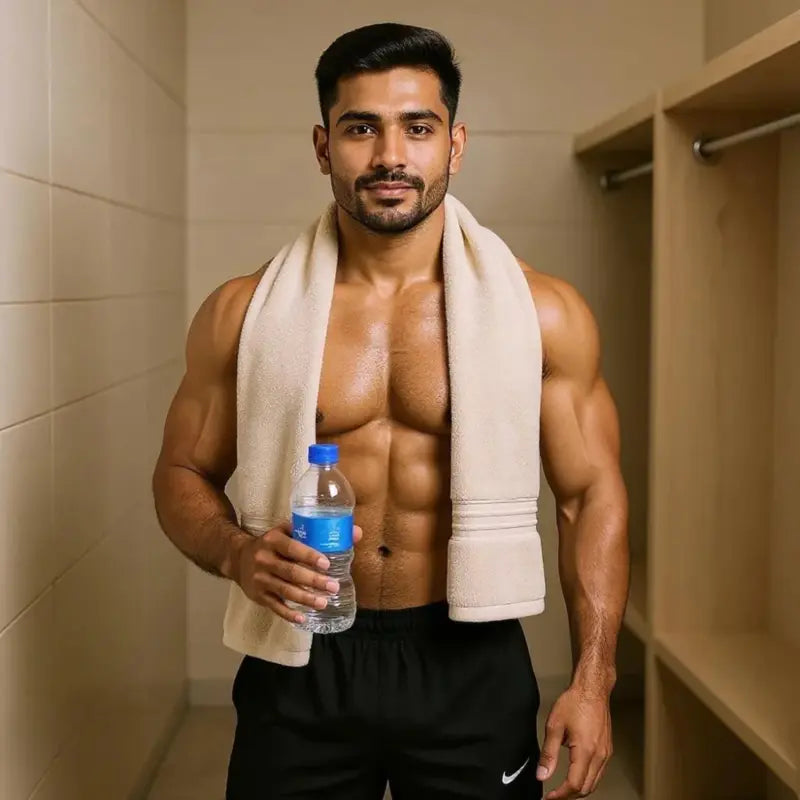 Muscular man with a towel and water bottle in a locker room