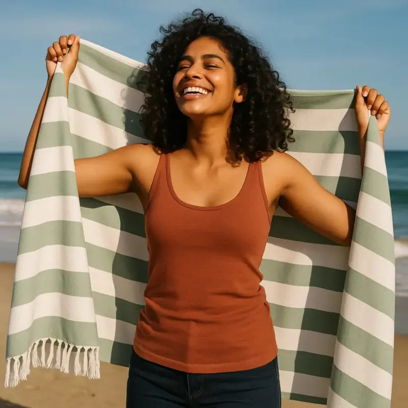 Woman holding a green and white striped towel on a beach