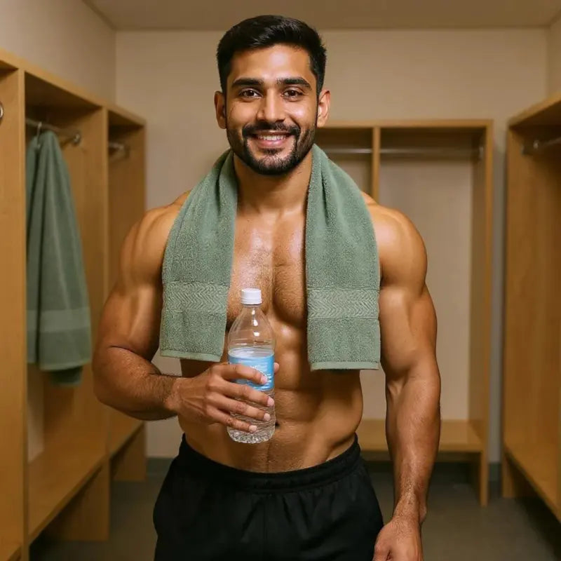 Muscular man with a green towel and water bottle in a locker room