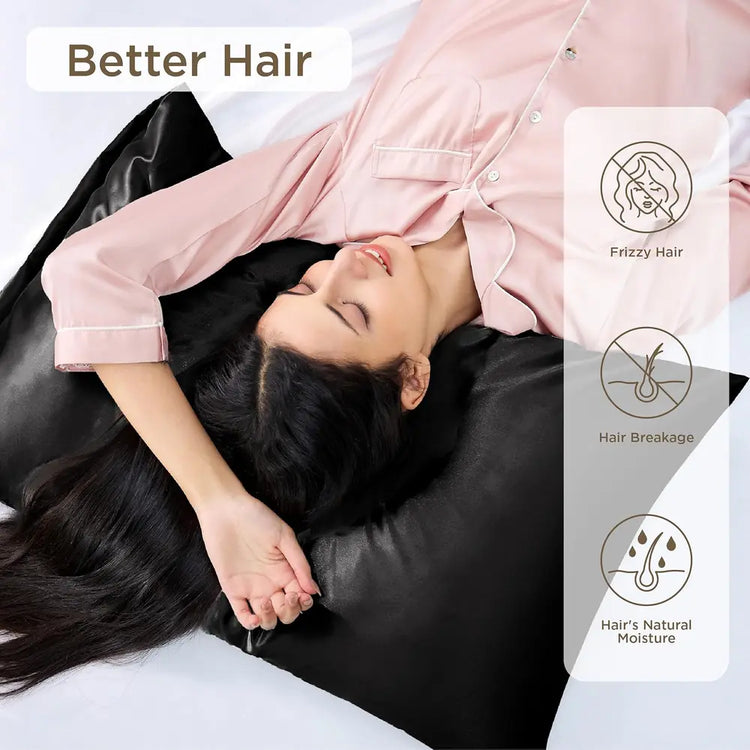 High-thread-count black pillow cover with a silky shine, breathable fabric, and durable stitching for long-lasting use.