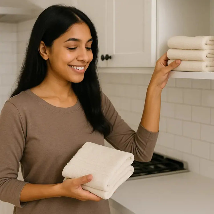 Woman holding folded towels in a kitchen setting