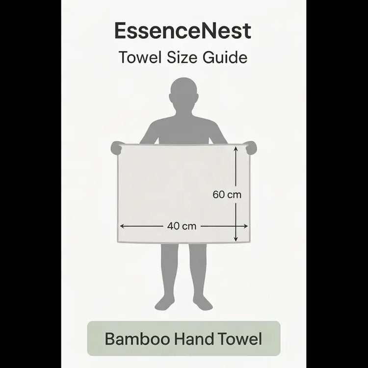 EssenceNest towel size guide with a silhouette holding a bamboo hand towel