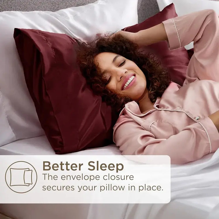 Woman lying on a bed with pillows, smiling, and text about better sleep.
