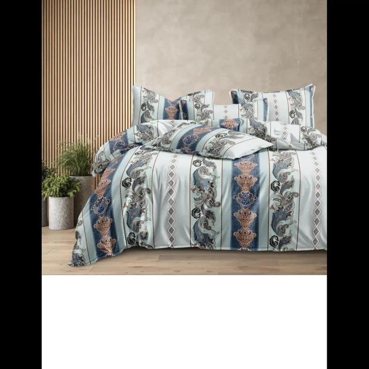 Multi-color vertical print cotton bedsheet, 310 TC, fitted size 72x78 inches, with coordinating pillowcases.