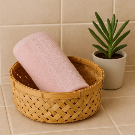 Woven basket with a pink towel and a potted plant on a tiled floor.
