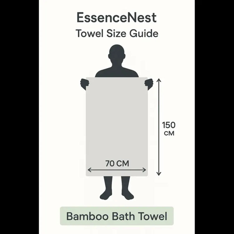 EssenceNest towel size guide with a silhouette holding a towel and dimensions.