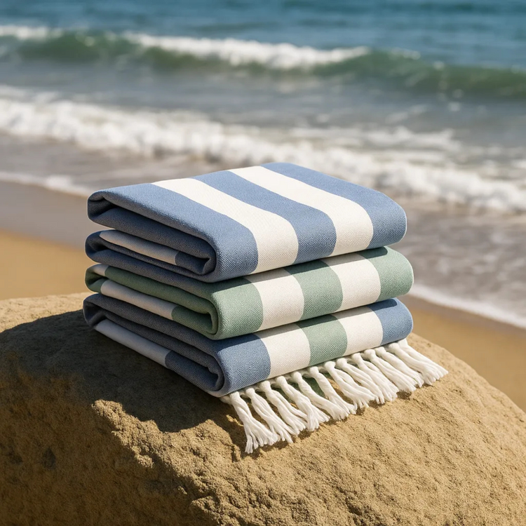 Stack of striped beach towels on a rock with ocean waves in the background