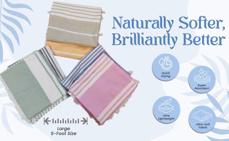 Textiles with color swatches and product features on a light blue background