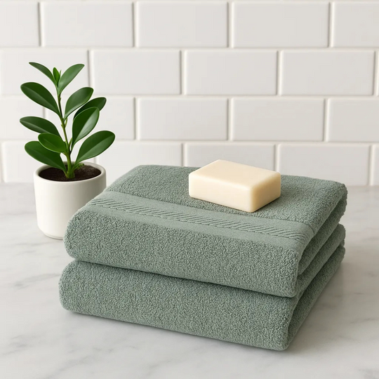 Stack of green towels with a bar of soap on a marble surface with a plant in the background.