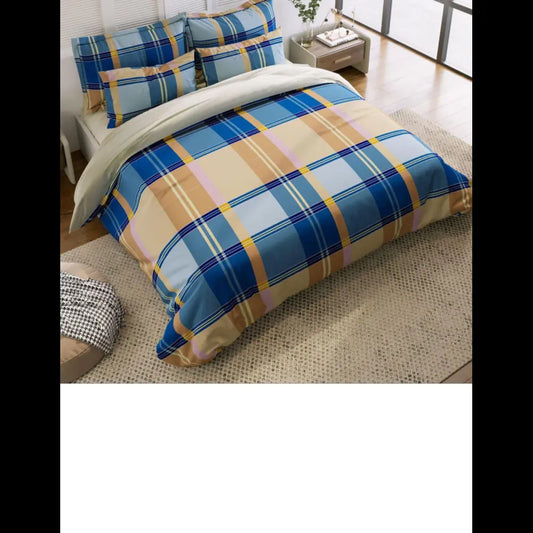 Blue & Beige Plaid Cotton Fitted Bedsheet - 230 TC