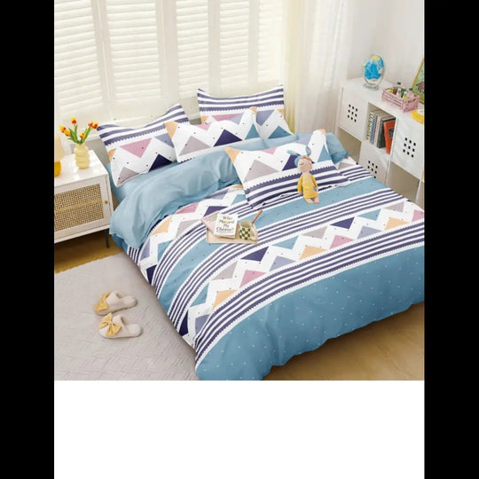 Blue wave-patterned High Pitched Glace Cotton bedsheet, 145 GSM, 230 TC. Soft, breathable, wrinkle-resistant, with elastic fit & pillow covers.