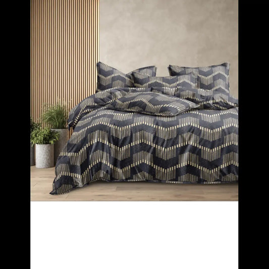 Black and beige chevron-patterned cotton bedsheet, 310 TC, fitted design, including matching pillowcases