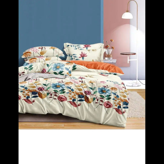 Cream Elastic Fitted Cotton Bedsheet - Floral Print Design