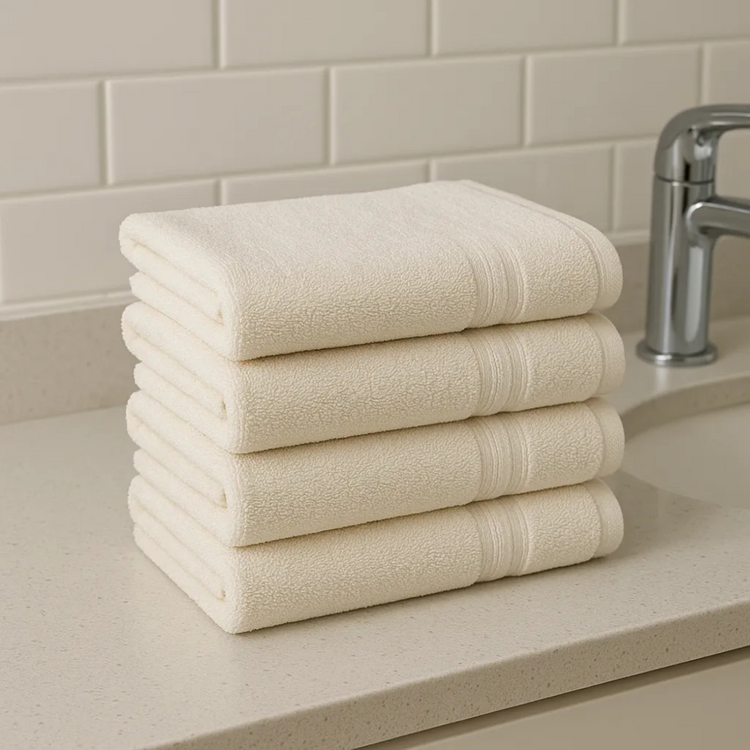 Stack of beige towels on a bathroom counter with a tiled wall and faucet in the background.