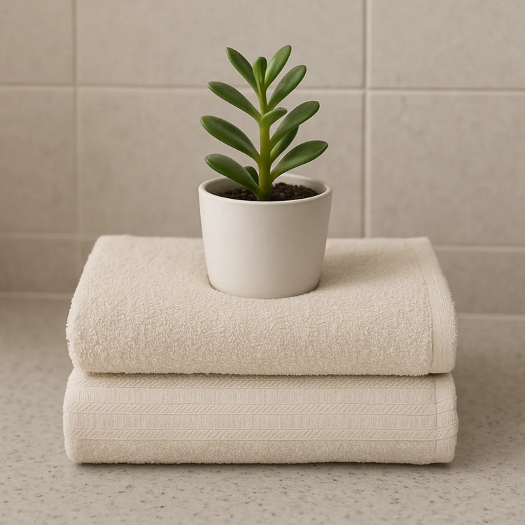 Stack of beige towels with a potted plant on top against a tiled wall background