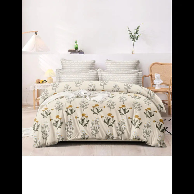 Cream Elastic Fitted Cotton Bedsheet - Floral Abstract Print