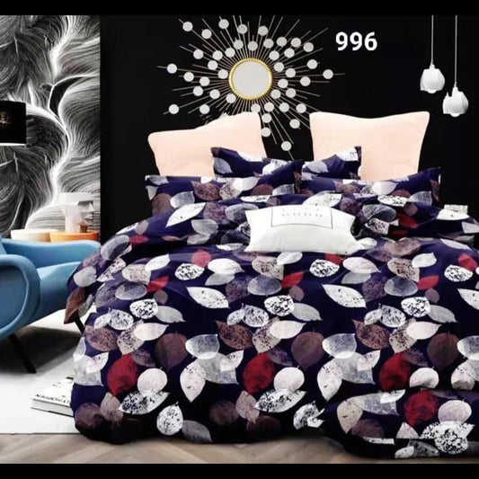 Dark blue comforter set with floral leaf print, Glace Cotton, 4-piece