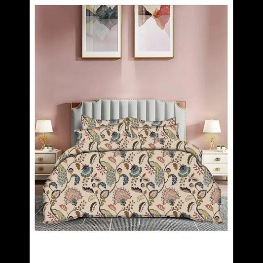 Elegant Beige Floral Fitted Bedsheet | 140 GSM, 230 TC Only!