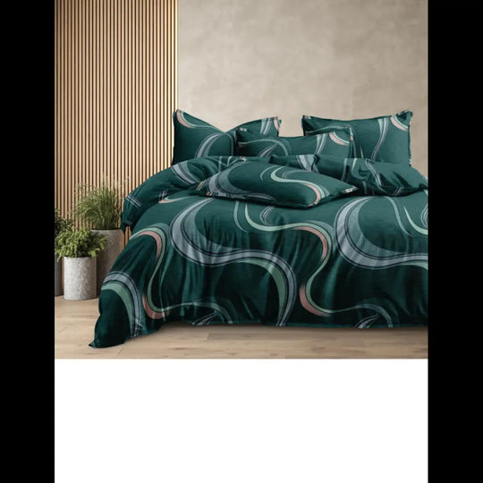 Dark green cotton bedsheet with wave pattern, 310 TC, fitted size 72x78 inches, with matching pillowcases