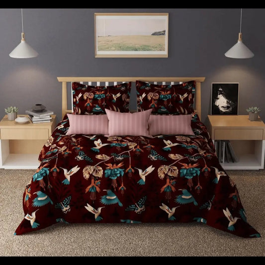 Exotic Birds Glace Cotton Comforter Set - Brown with Pillow Covers