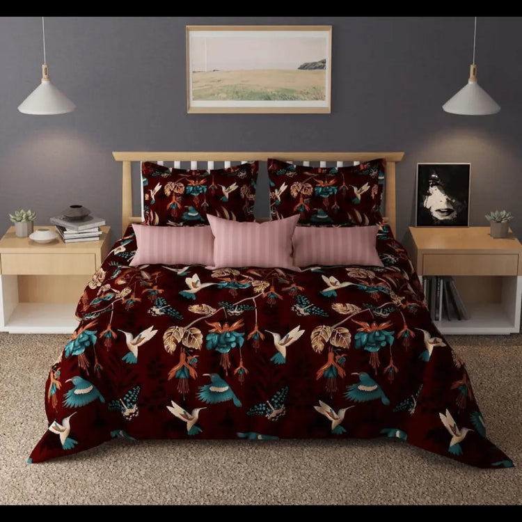 Exotic Birds Glace Cotton Comforter Set - Brown with Pillow Covers
