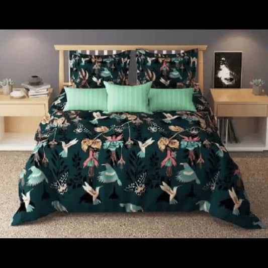 Exotic Birds Glace Cotton Comforter Set - Green with Pillow Covers