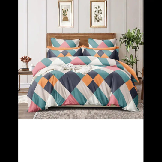 Fitted Bedsheet - Multi color geometric Design, Includes 2 Pillowcases - EssenceNest