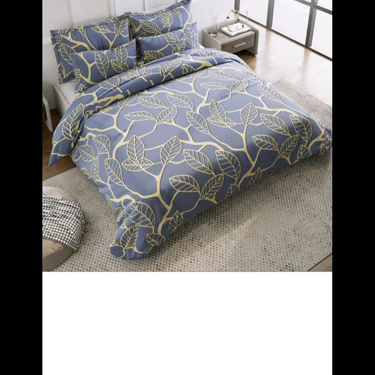 elastic fitted cotton bedsheet withblue gold leaf abstract prints, 140 GSM, 72x78+8 inches, includes 2 pillow covers, 18x28 inches