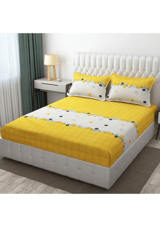 Fitted Bedsheet - Lemon & Cream, Includes 2 Pillowcases - EssenceNest