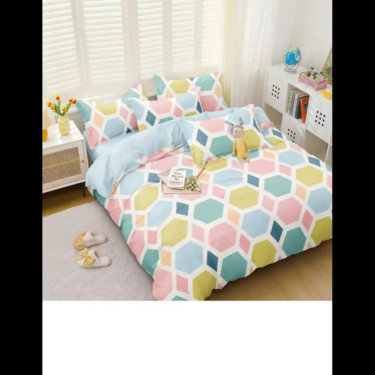 Transform your bedroom with this multi color,hexagon pattern cotton fitted bedsheet. Soft, breathable, wrinkle-resistant, with 2 matching pillowcases.