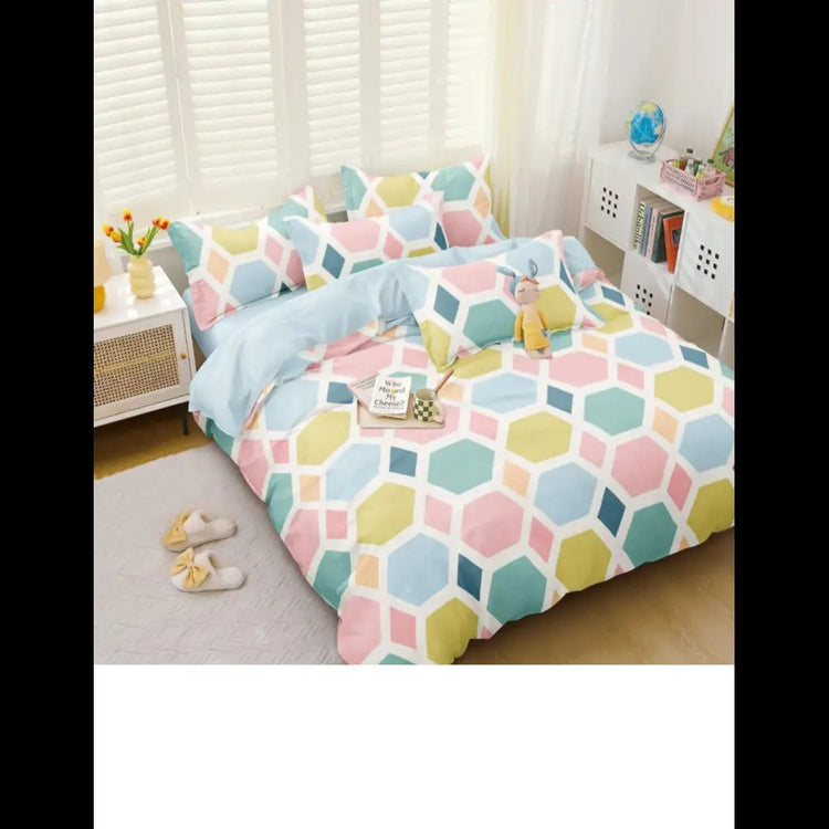 Transform your bedroom with this multi color,hexagon pattern cotton fitted bedsheet. Soft, breathable, wrinkle-resistant, with 2 matching pillowcases.