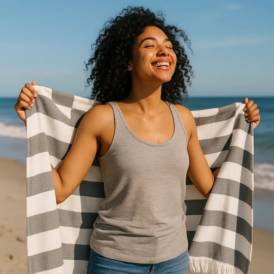 Woman holding a striped towel on a beach