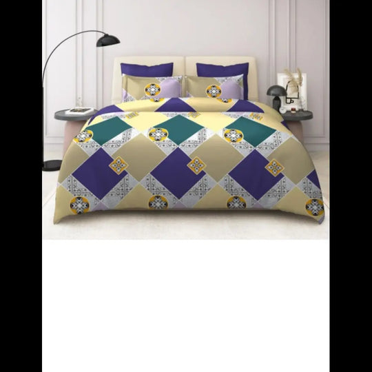 Gold elastic fitted cotton bedsheet with multi diamond abstract prints, 140 GSM, 72x78+8 inches, includes 2 pillow covers, 18x28 inches