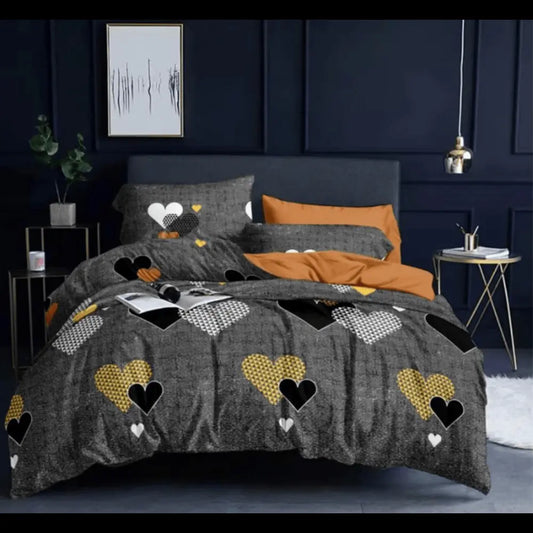 Golden Heart Comforter Set - Dark Grey, Black & Gold Hearts