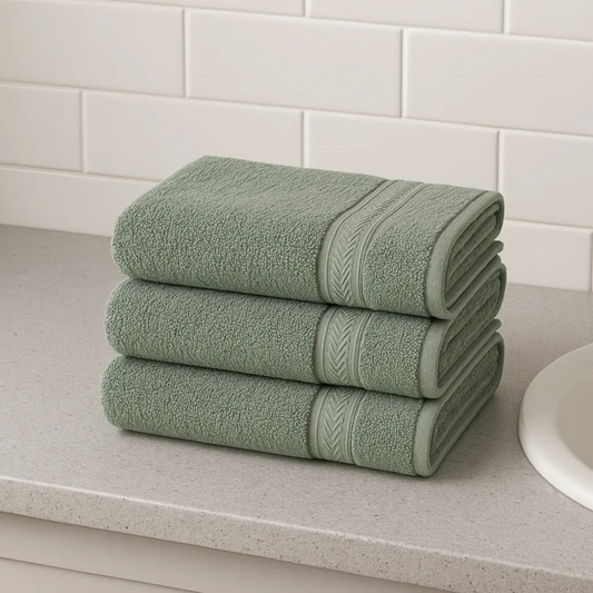 Three folded green towels stacked on a bathroom counter with a tiled wall background.