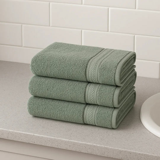 Three folded green towels stacked on a bathroom counter with a tiled wall background.