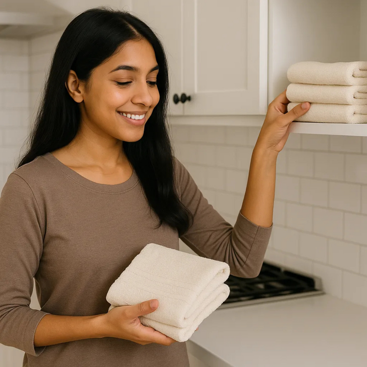 Woman holding folded towels in a kitchen setting