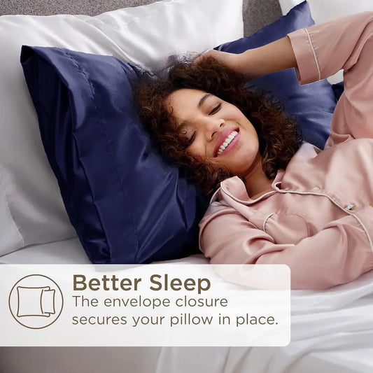 Luxury-thread-count navy blue pillow cover with a silky shine, breathable fabric, and durable stitching for long-lasting use.