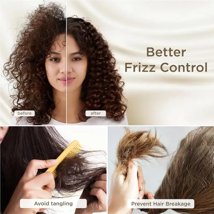 Before and after comparison of hair with better frizz control and tips for avoiding tangling and preventing hair breakage.