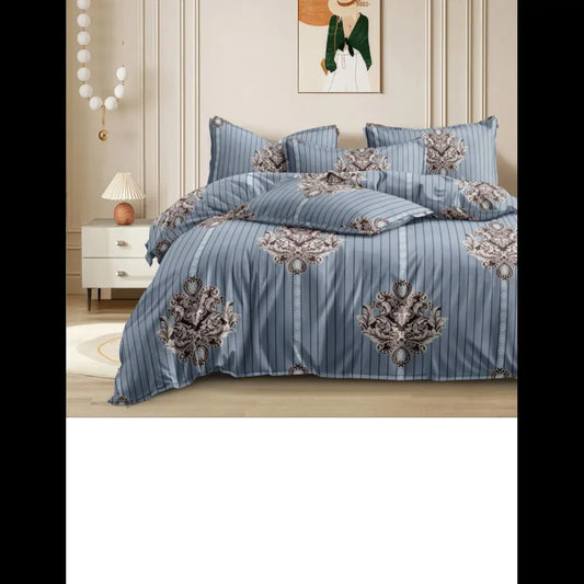 Grey-blue cotton bedsheet with elegant patterns, 310 TC, fitted 72x78 inches, with matching pillowcases.