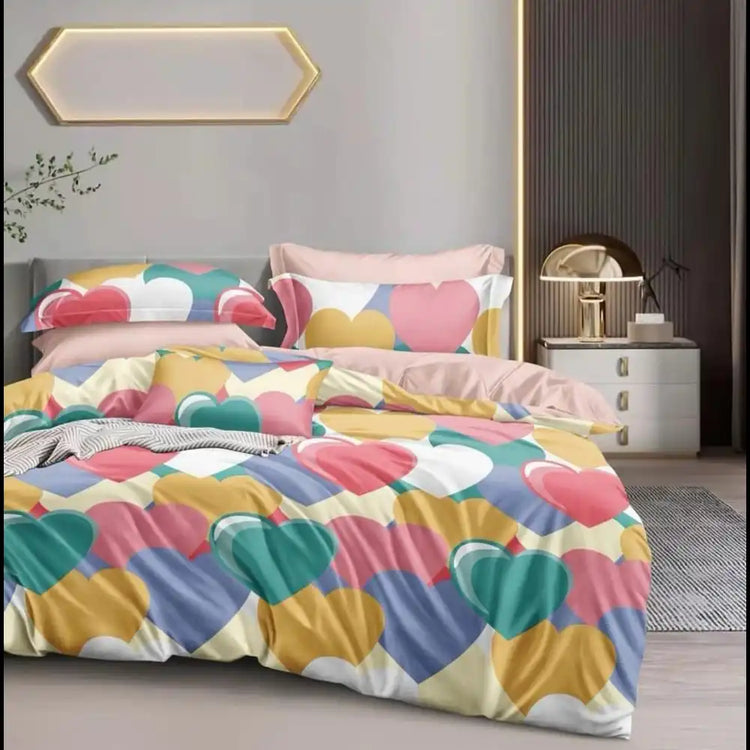 Multi Color Heart-Print Glace Cotton Comforter Set, 4 pcs