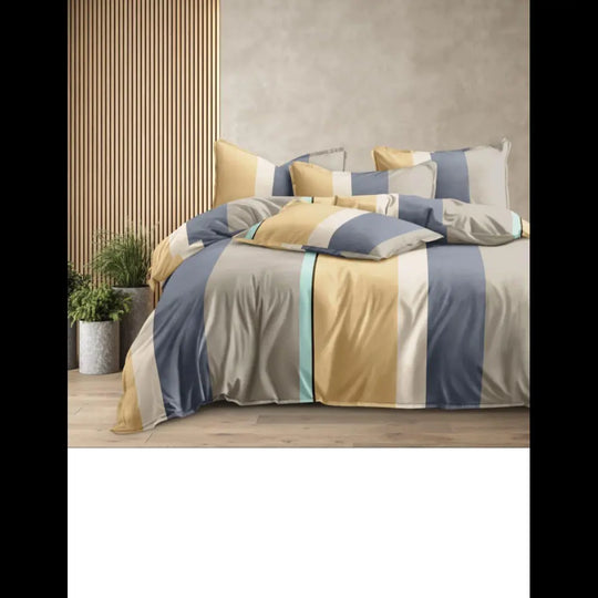 Multi-color vertical striped cotton bedsheet, 310 TC, fitted size 72x78 inches, with matching pillowcases.