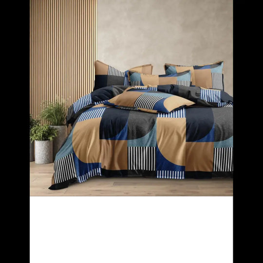 Multicolor geometric cotton bedsheet with 310 TC, fitted size 72x78 inches, featuring shades of blue, pink, cream, and beige with matching pillowcases.