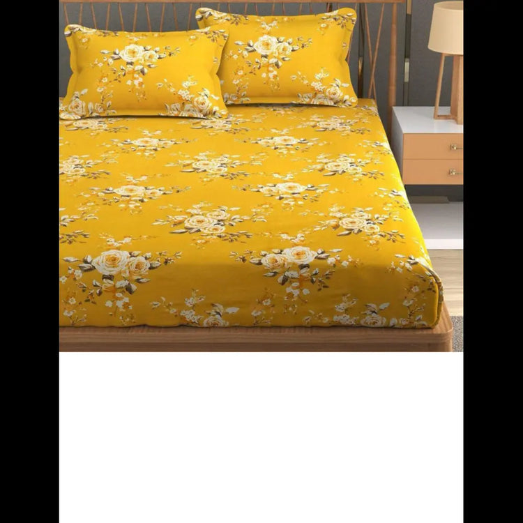 Cream Elastic Fitted Cotton Bedsheet - Floral Abstract Print