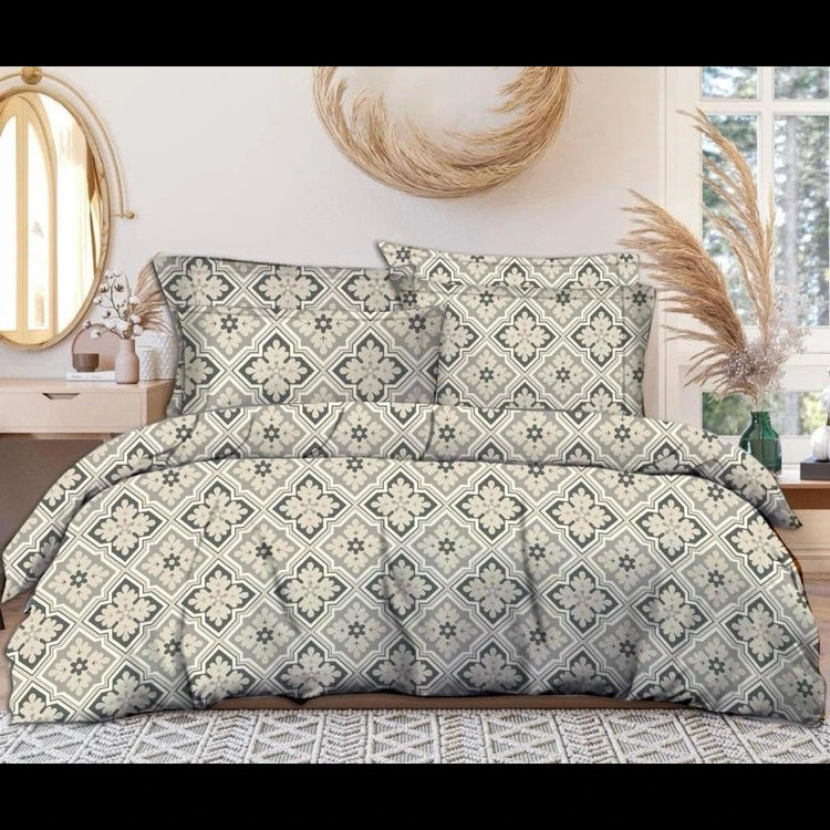 Olive Green Floral Print Glace Cotton Comforter Set (4 Pcs)