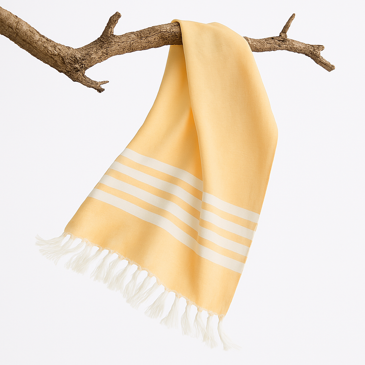 Orange towel hanging on the branch of a tree and flying in the air