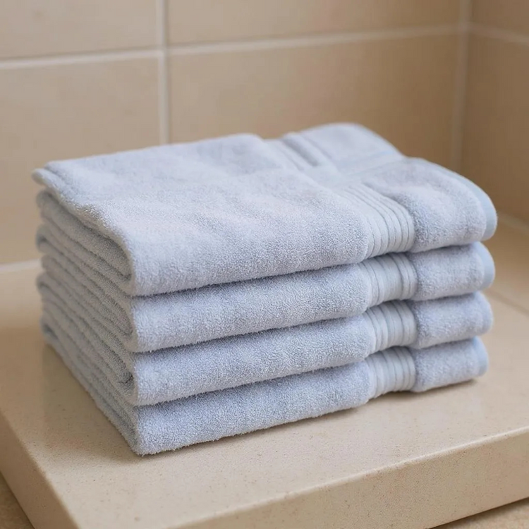 Stack of folded light gray towels on a beige surface with tiled wall background